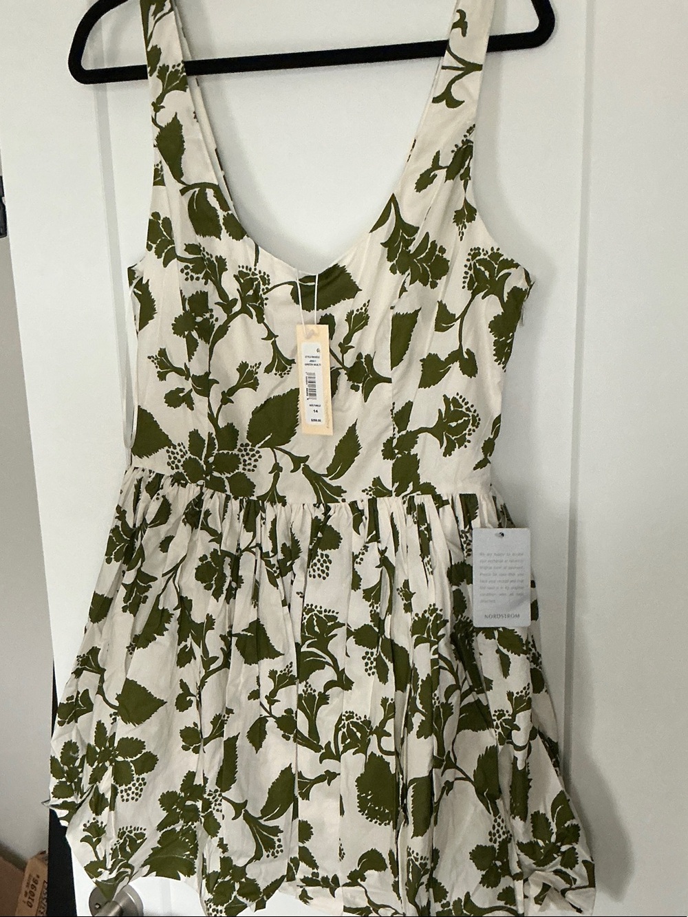 Badgley Mischka White Dress with Olive Green Floral Pattern